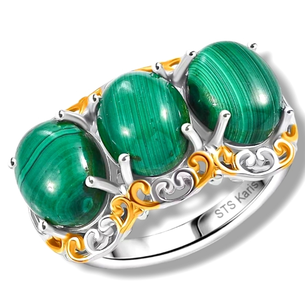 🔥18K YG and Platinum Bond African Malachite 13.80 ctw Three Stone Ring Size 6